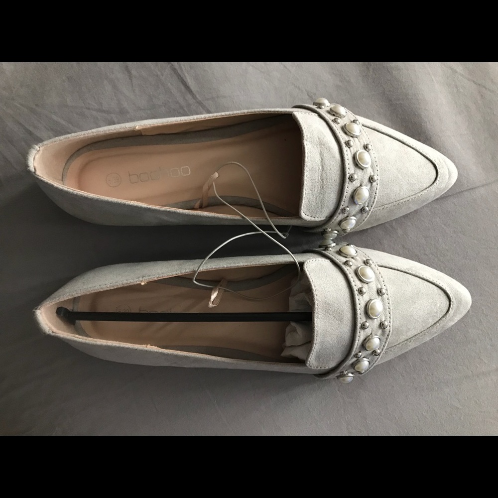Gray pearl embellished flats